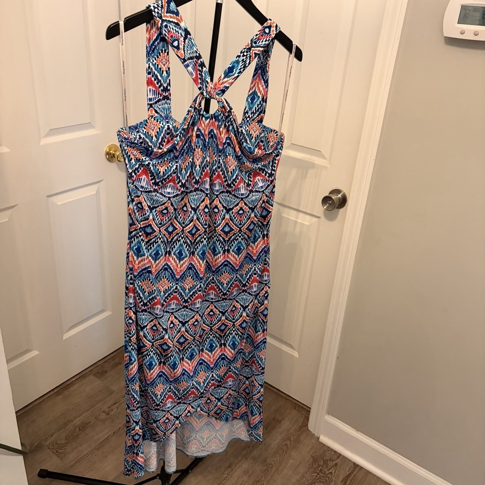 Tommy Bahama Prima Peacock Midi Hi Lo Dress Stretch Halter Blues Beach Boho L